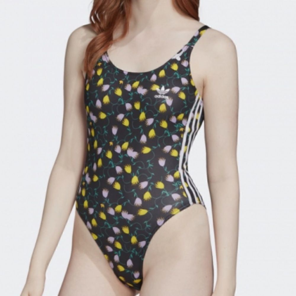 NWT Adidas AOP stretchy tulip print black racing stripes swim suit Medium M - Picture 4 of 14